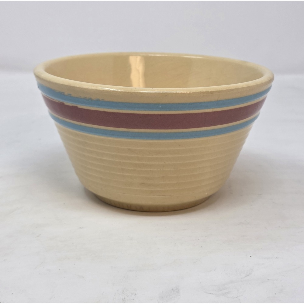 Vintage Watt Pottery #6 Mixing Bowl Pink Blue Banded Ribbed Oven Ware USA 1950s
